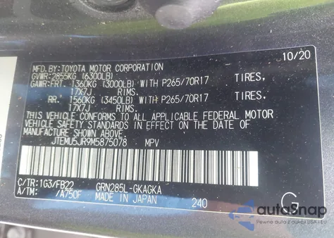 2021 Toyota 4Runner Sr5/Sr5 Premium/Venture/Trail/Limited Night Shade/Trd Off Road/Trd Off Road Premium/Trd Pro из США, поврежденный, VIN JTEMU5JR9M5875078